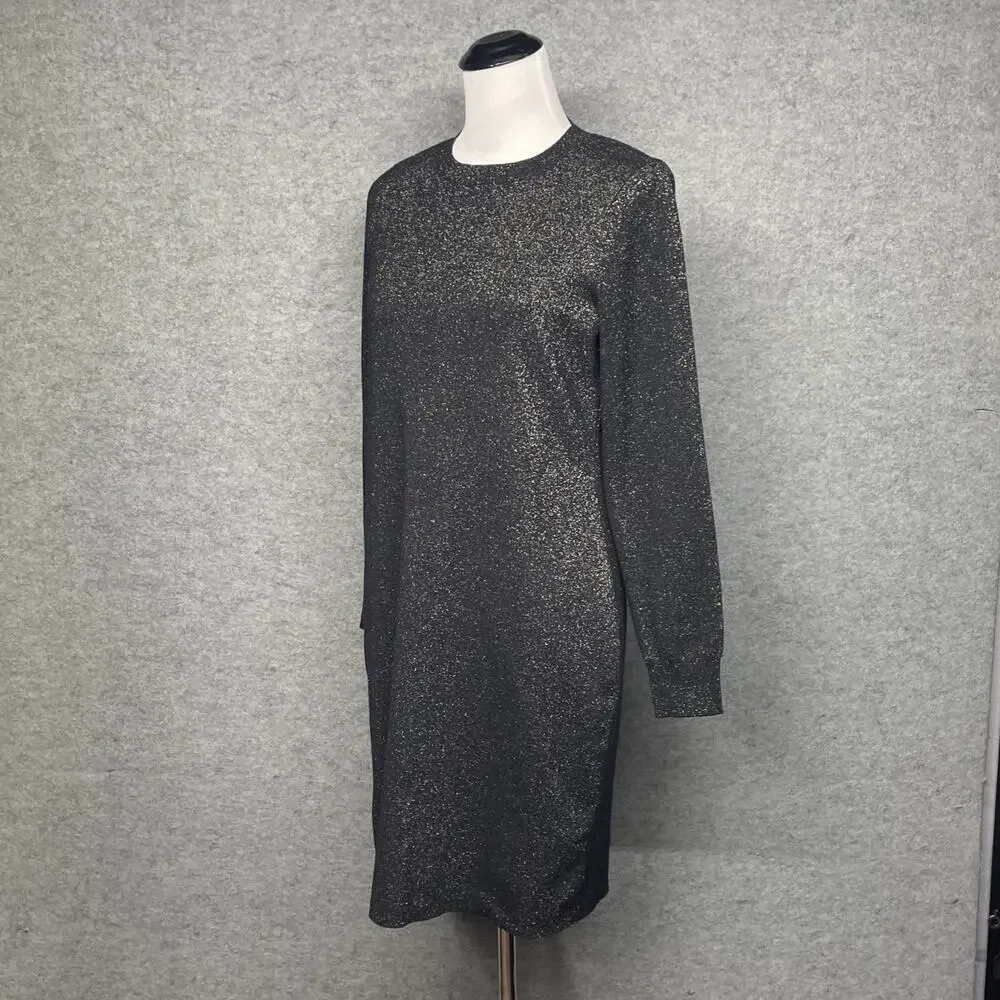 Loft Women L Black/Gold Shimmer Knit Dress Long Slv Fitted Sheath Cocktail Party